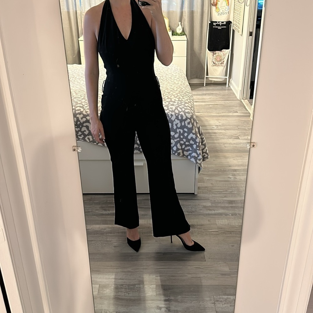 Theory Pantsuit Jumpsuit One Piece Halter Sleeveless Open Back Black Size 8 - Picture 2 of 11